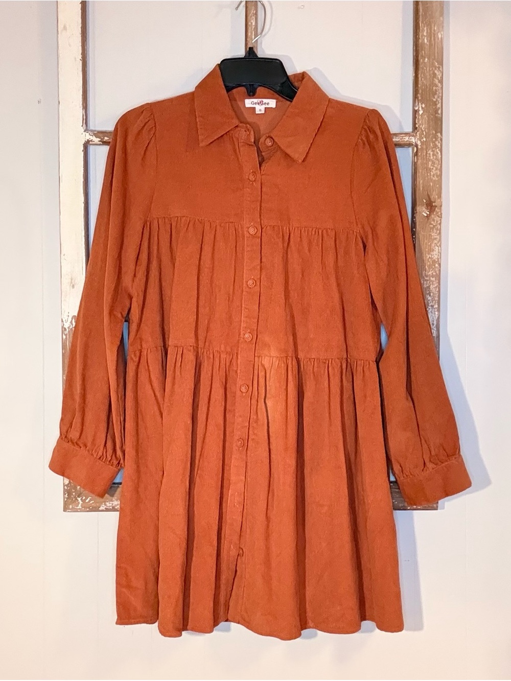Corduroy Tiered Button-Front Dress in Rust
